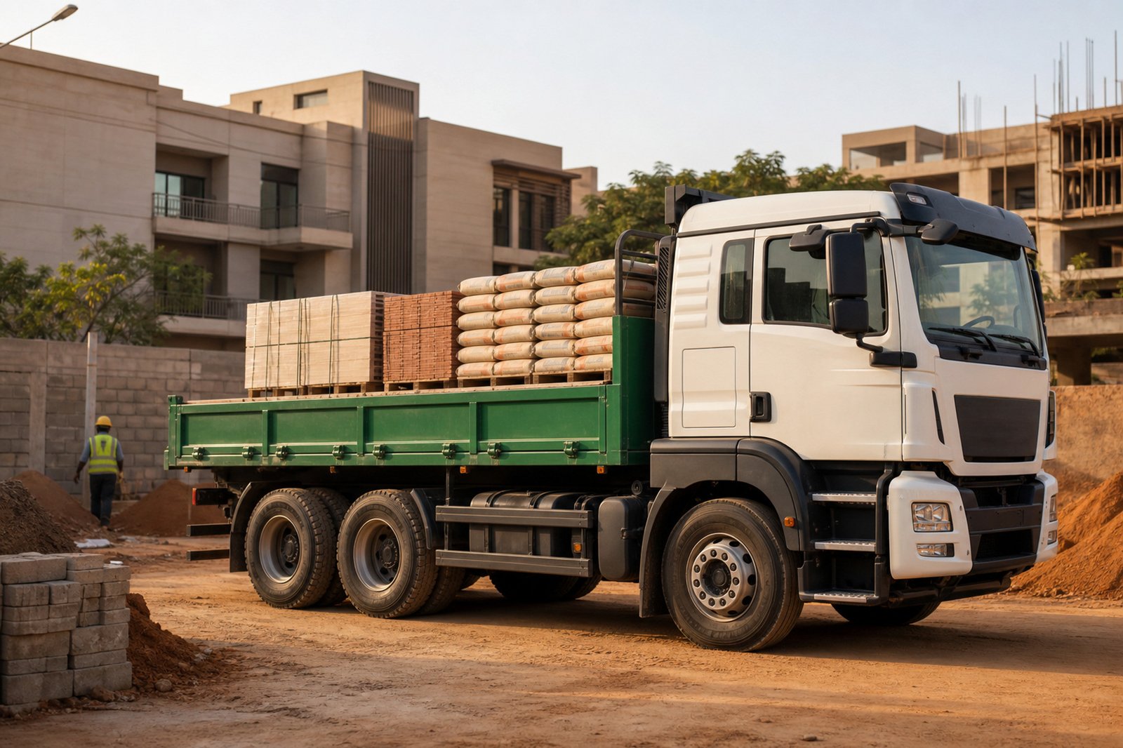Camion poids lourd générique livrant des matériaux sur un chantier urbain à Bamako