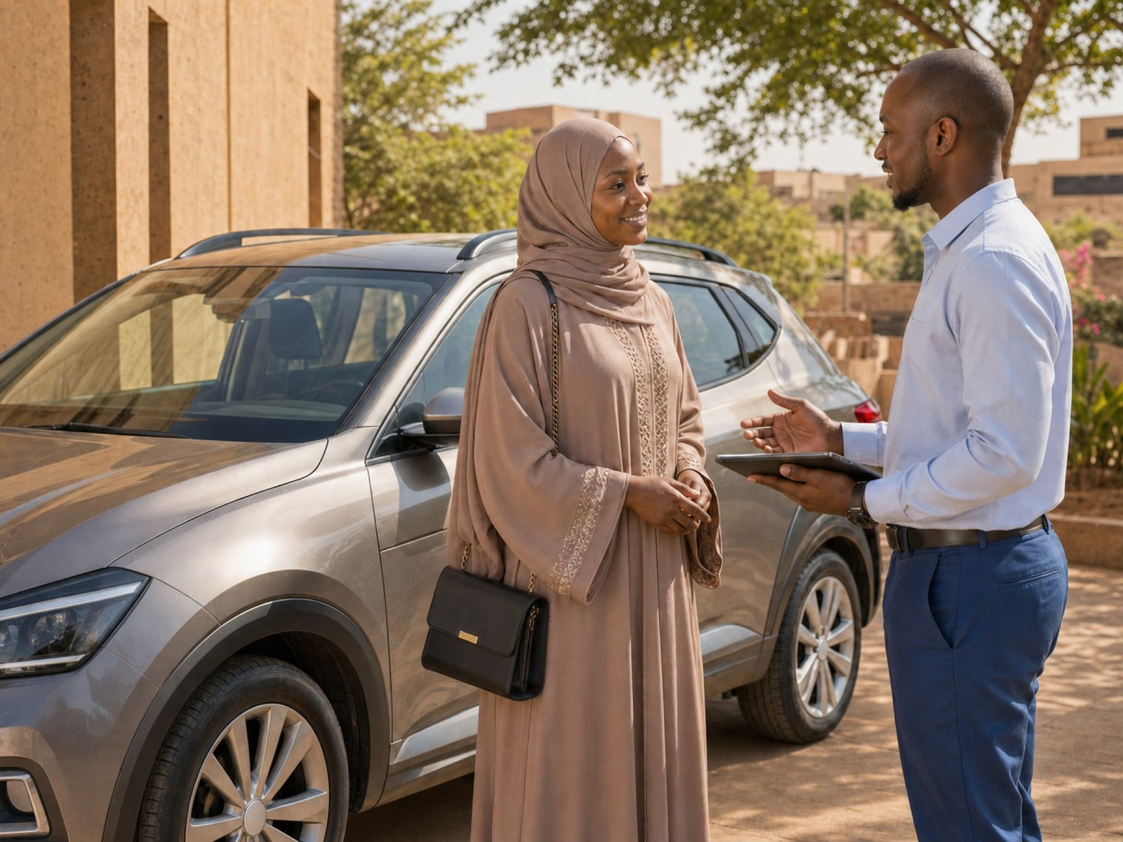 Une cliente échange avec un conseiller automobile dans un décor lumineux à Bamako