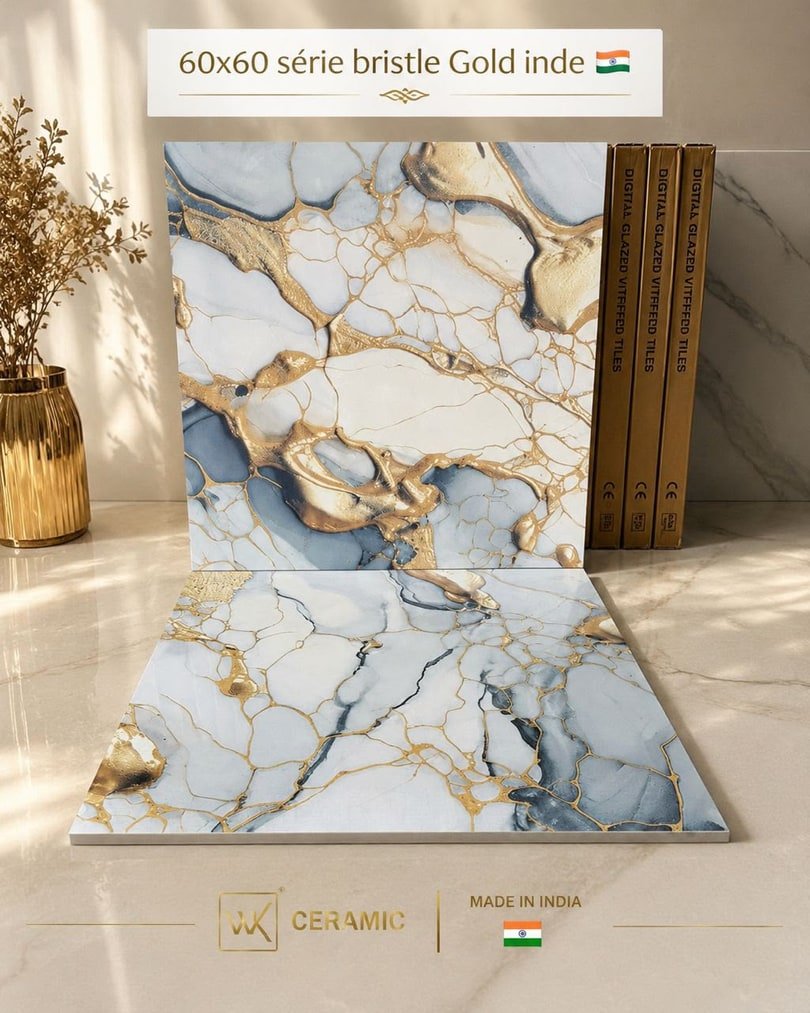 Carreau 60 × 60 blanc, bleu et or, référence Bristle Gold