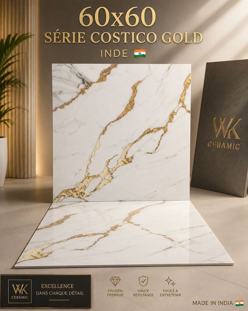 Carreau 60 × 60 à effet marbre blanc veiné d’or, référence Costico Gold