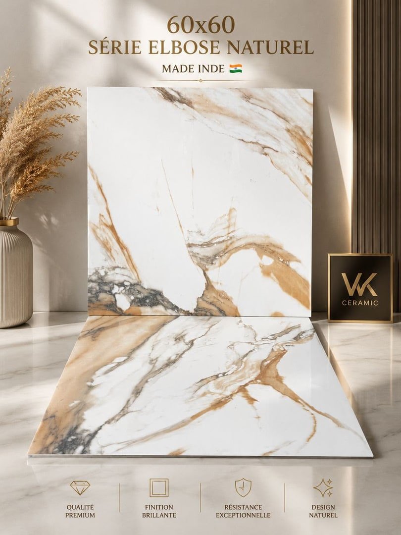 Carreau 60 × 60 blanc aux veines naturelles beige et grises, référence Elbose Naturel